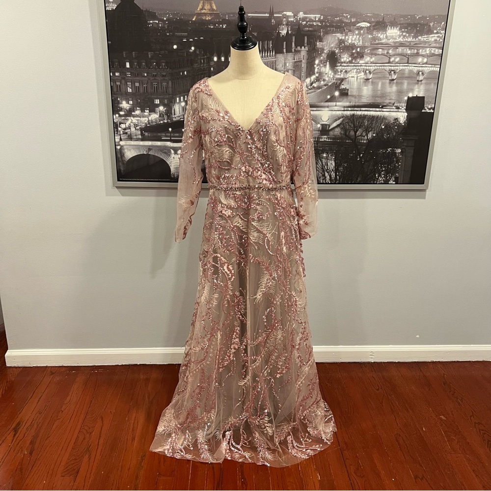 Mac Duggal Embellished & Embroidered Mocha & Pink Sequined Long Sleeve Gown